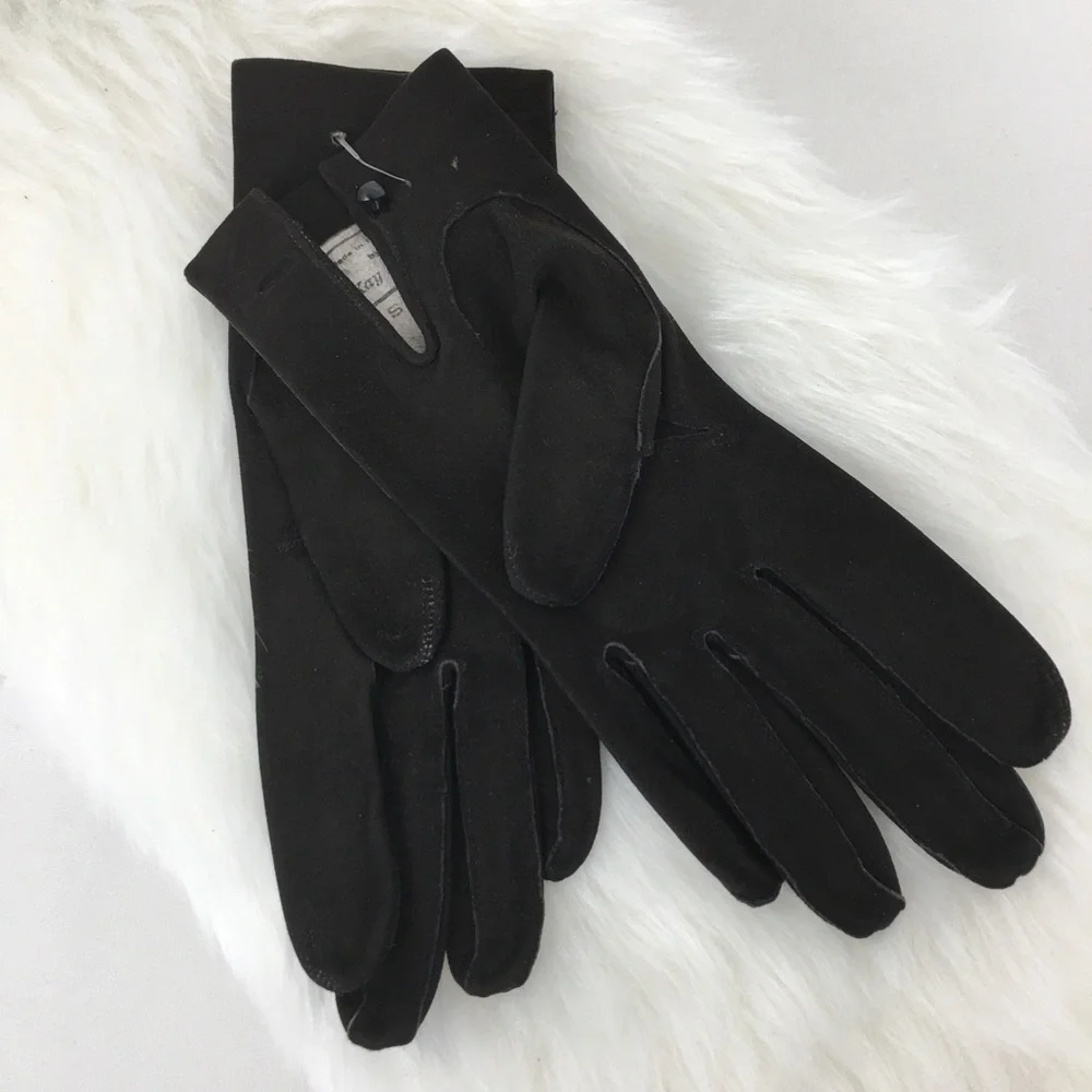 Vintage Kay Fuchs Faux Suede Leather Gloves Black 66378 Made in France